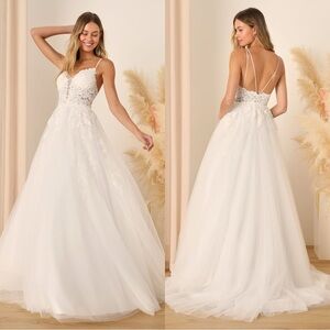 Sz‎ 4 NWOT Lulus Height of Love White Embroidered Beaded Backless A-Line Gown